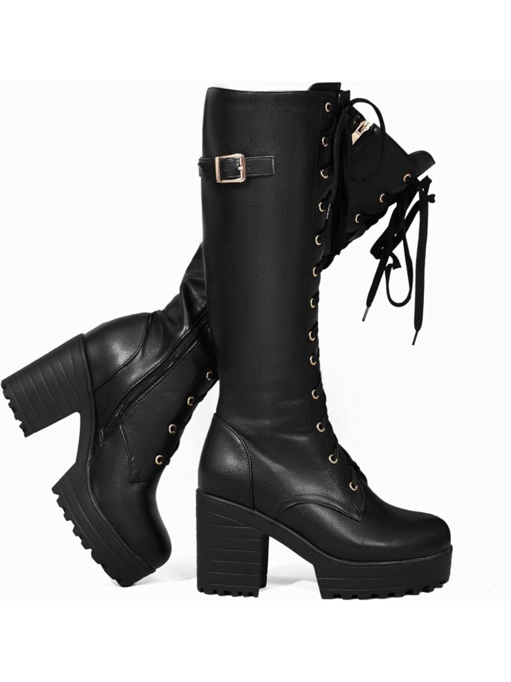 Women's Black Manmade Sole Fashion Platform Block Heels Knee High Lace Up Boots